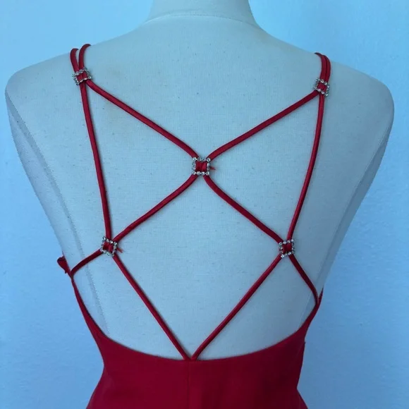 Vintage Solid  Red Sleeveless Full Length Strappy Rhinestone Formal Dress - Picture 9 of 11